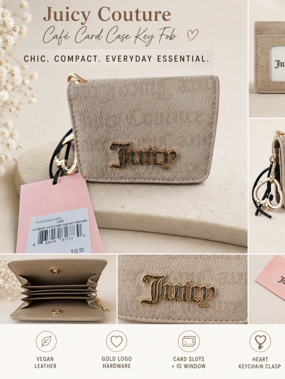 Juicy Couture Café Card Case Key Fob • Gold Logo